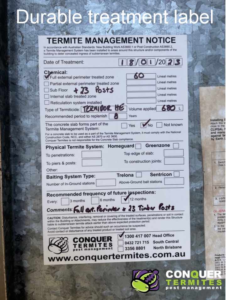 Durable termite treatment label in electrical meter box